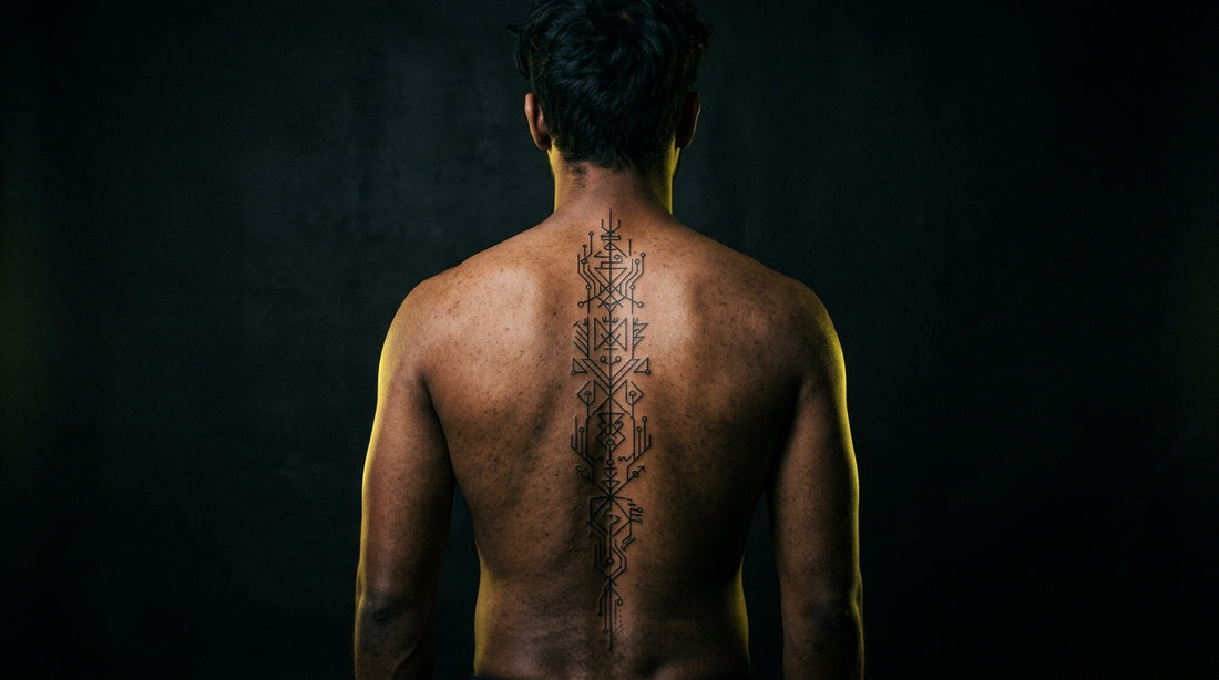 Cybersigilism spine tattoo on back — dark moody photography by Tattoo Numbing Cream Co.