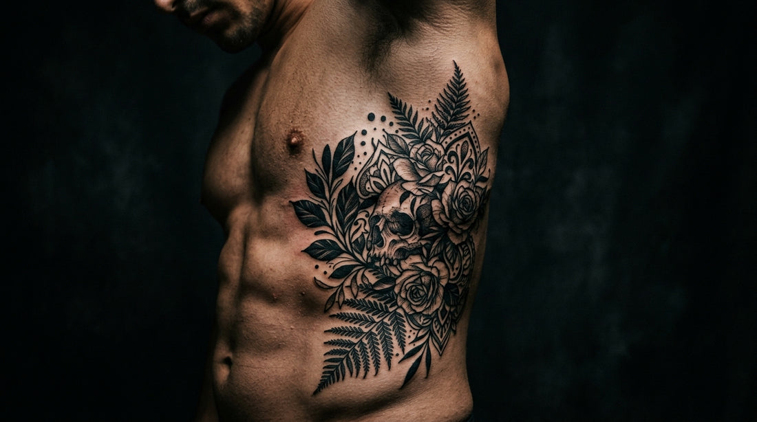 Intricate tattoo artwork on a ribcage, professional studio photography