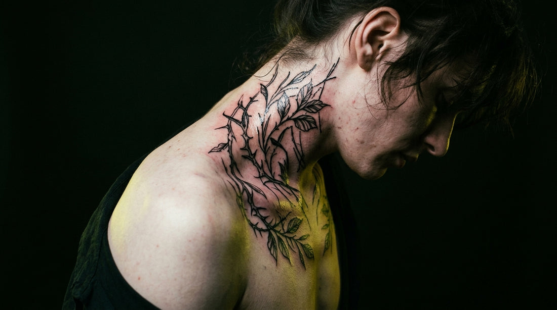Tattooed ribs and neck with dramatic moody lighting — TNC sensitive areas numbing guide