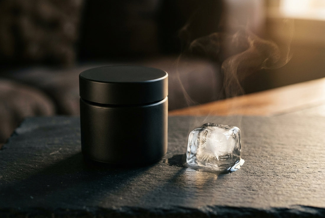 Black jar of numbing cream sitting next to a single ice cube with faint vapor rising