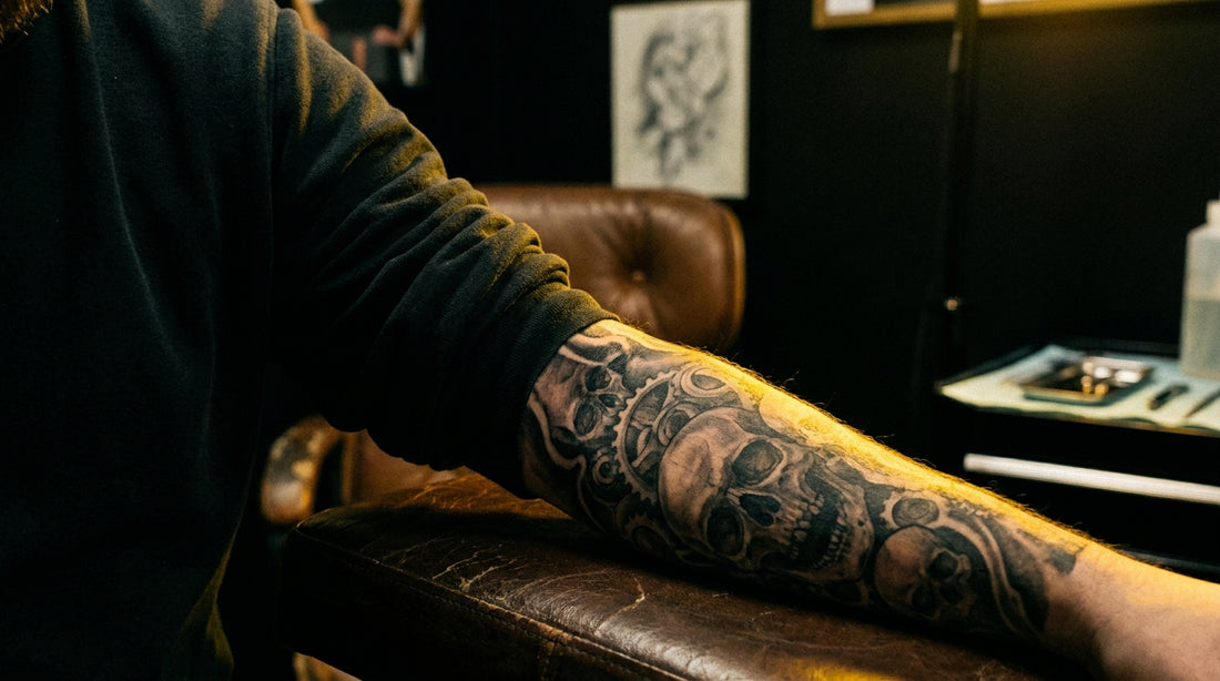 Tattooed arm with neon yellow studio lighting — TNC numbing spray vs cream guide