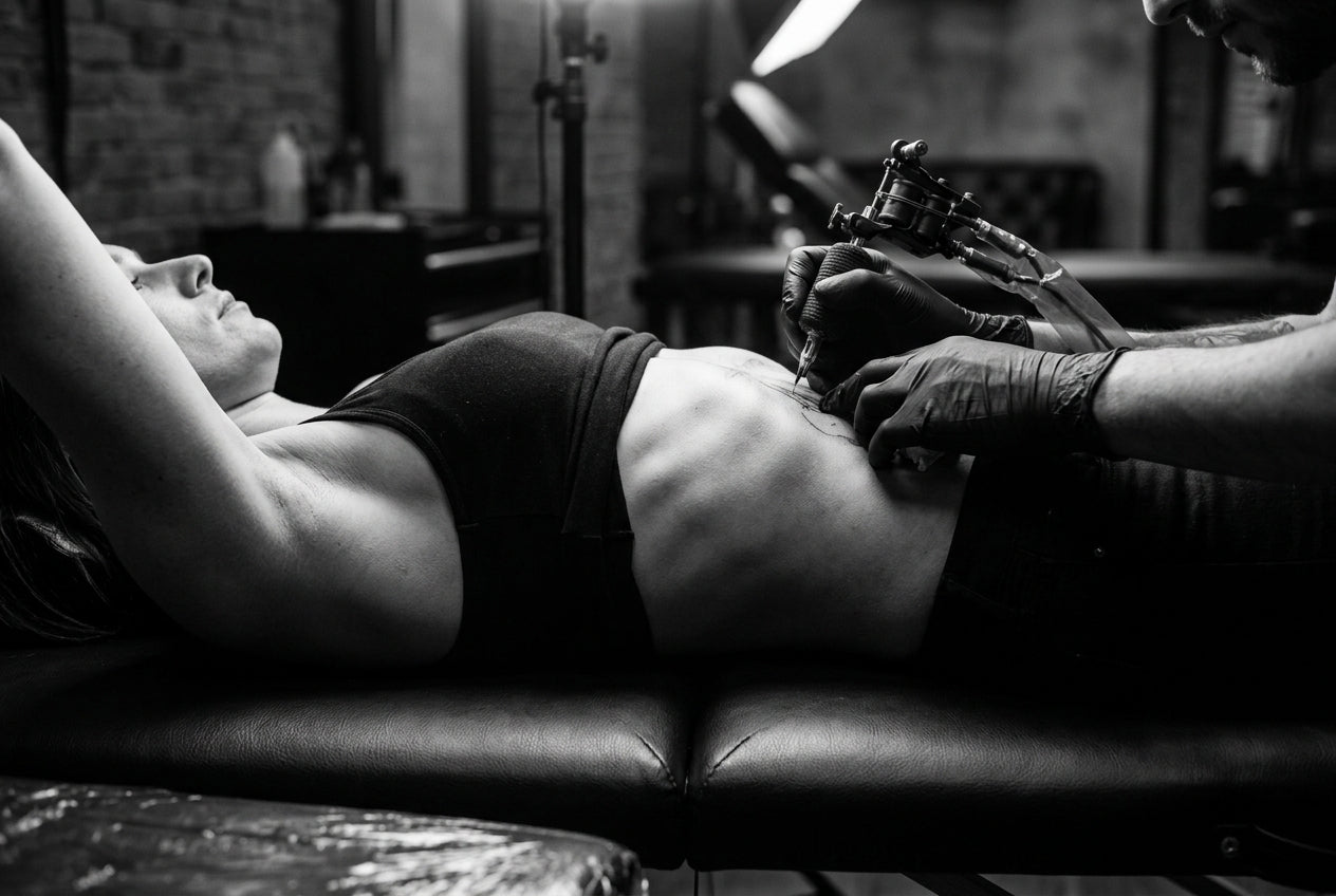 Close-up black and white photo of a rib tattoo session in progress