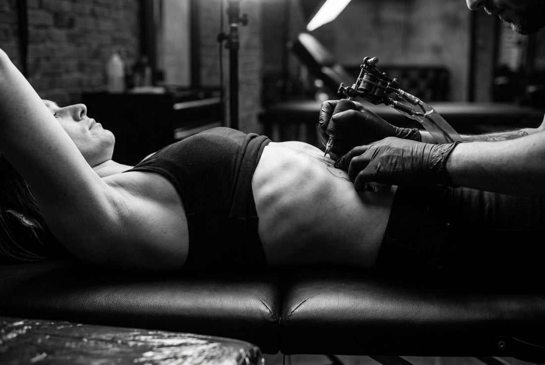 Close-up black and white photo of a rib tattoo session in progress