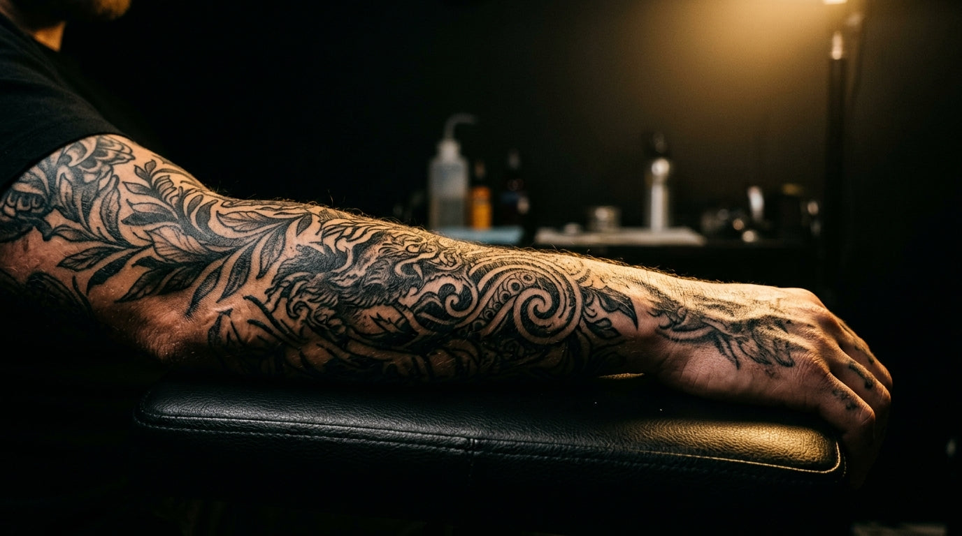 Freshly tattooed arm under dramatic studio lighting — Tattoo Healing Stages Guide by Tattoo Numbing Cream Co.