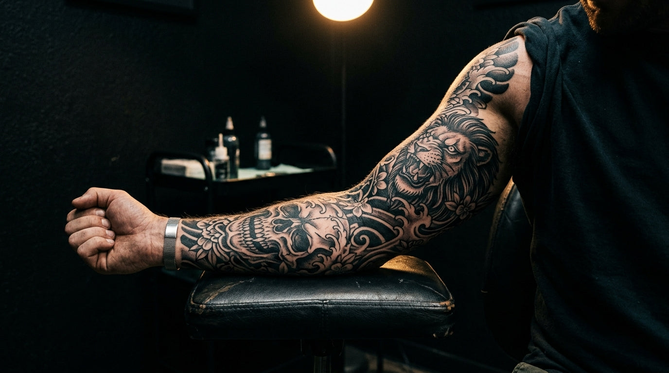 Dramatic close-up of tattooed arm with bold ink, moody studio lighting — Tattoo Pain Chart by Tattoo Numbing Cream Co.