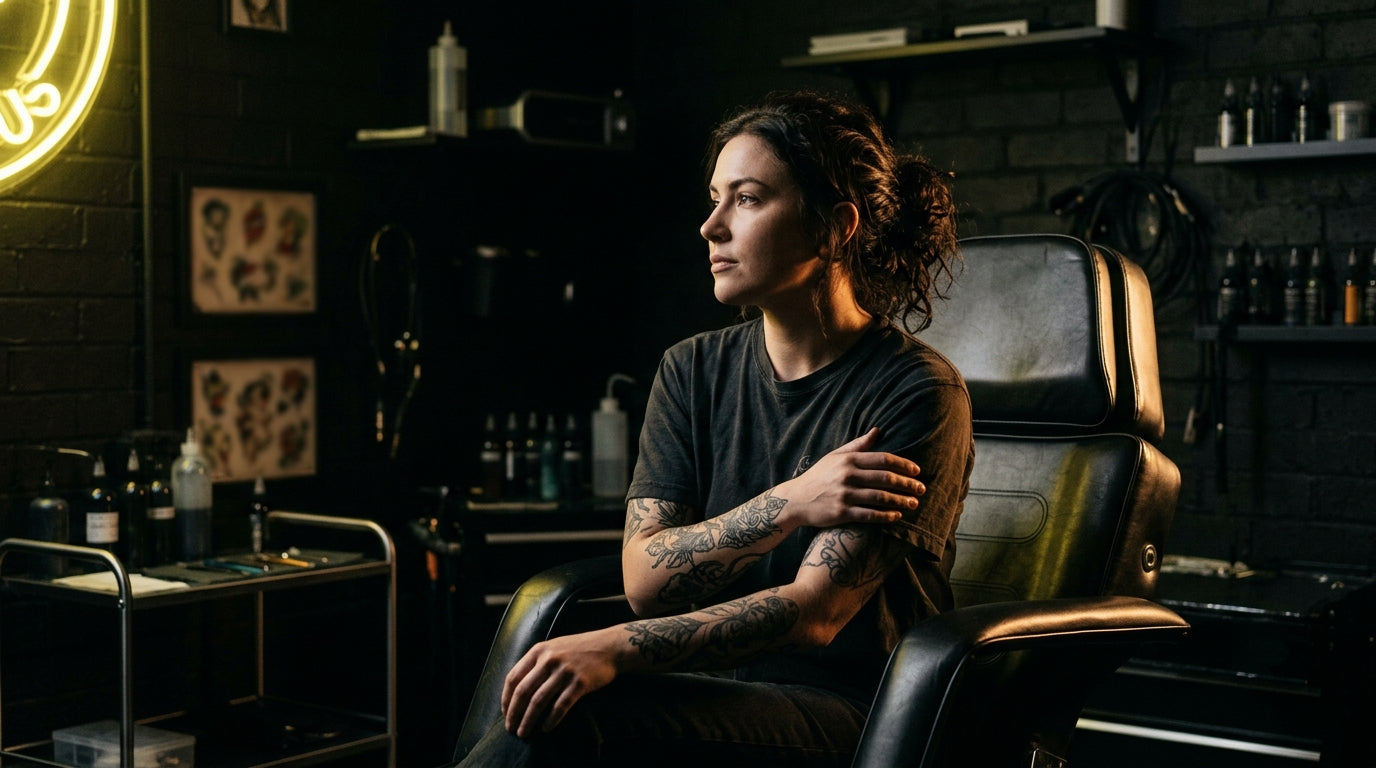 Person in tattoo studio chair under moody neon lighting — Tattoo Shock and Regret Guide by Tattoo Numbing Cream Co.