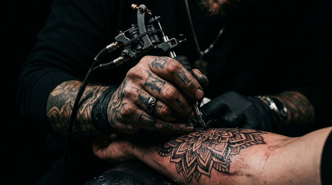 Tattoo artist working in a professional studio, dark moody lighting