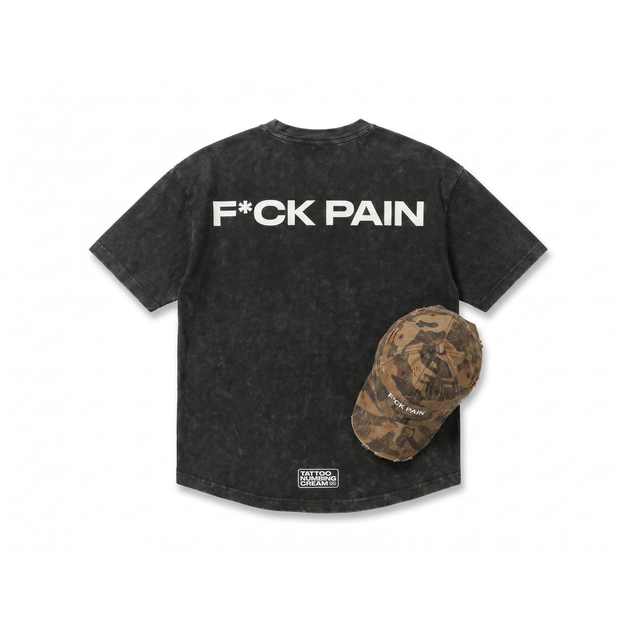 F*CK PAIN Merch Bundle — tee and cap combined flatlay cover