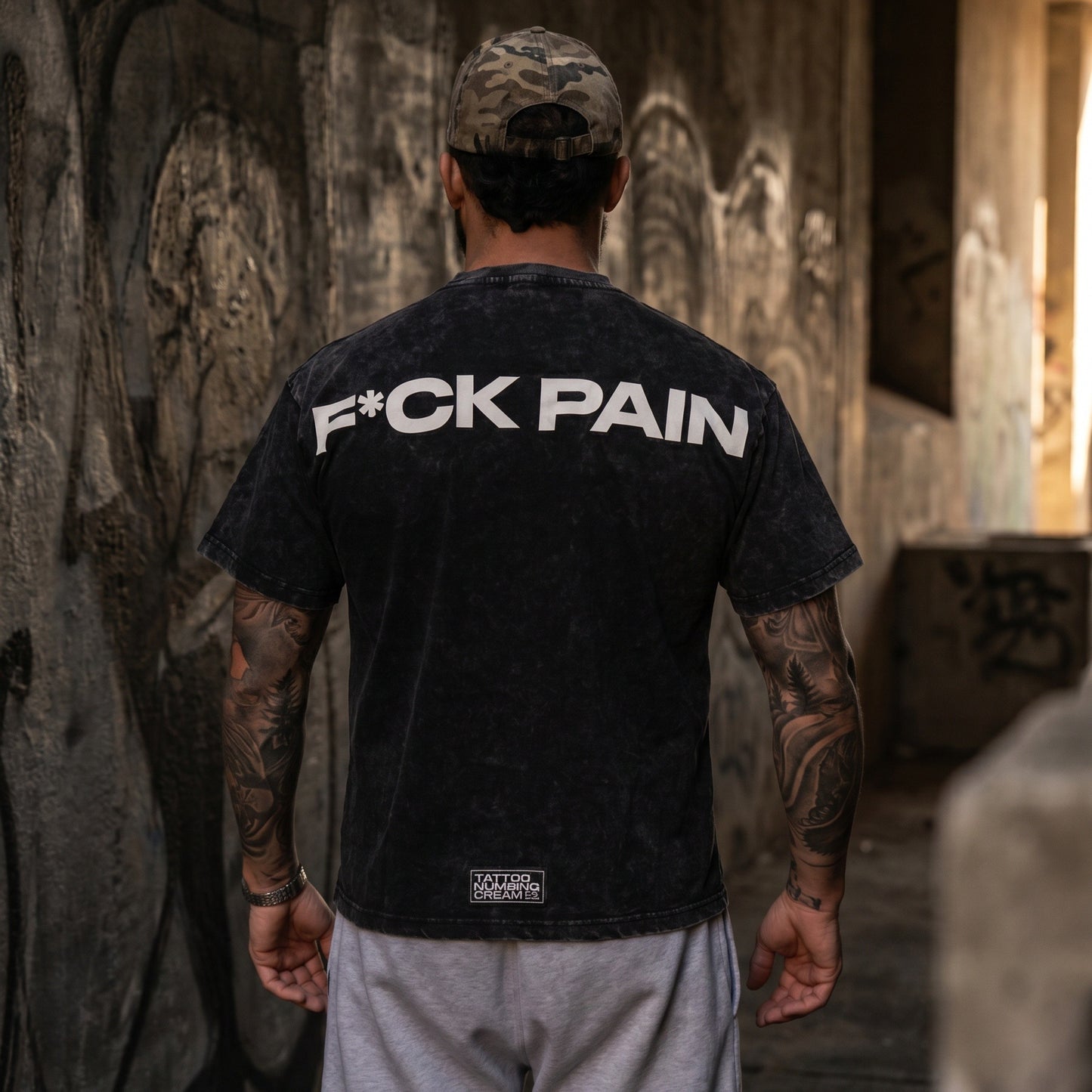 F*CK PAIN Distressed Camo Cap — lifestyle back straight