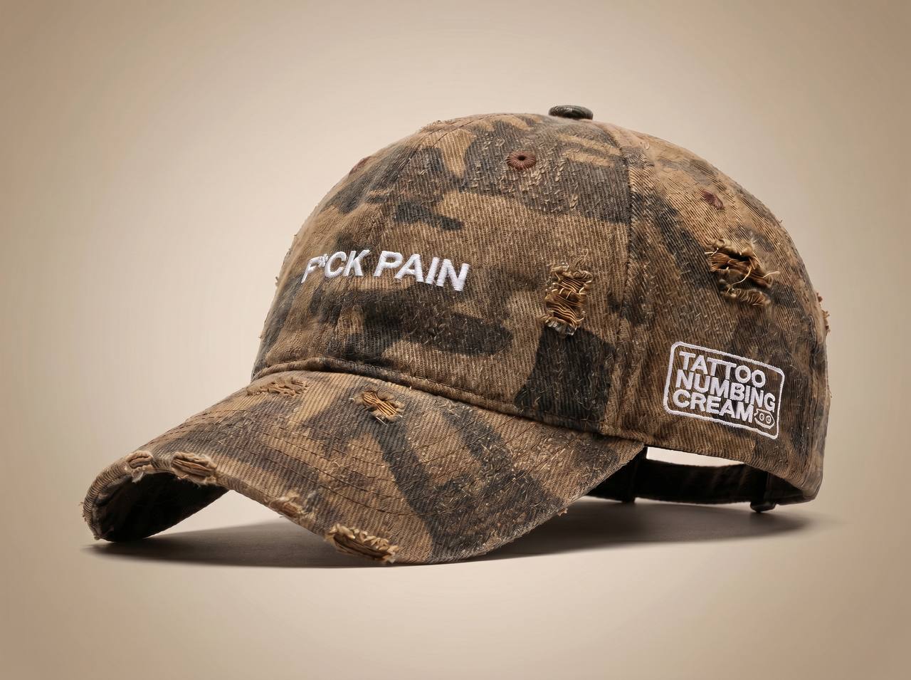 F*CK PAIN Distressed Camo Cap — Tattoo Numbing Cream Co.