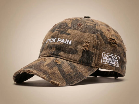 F*CK PAIN Distressed Camo Cap — Tattoo Numbing Cream Co.