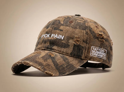 F*CK PAIN Distressed Camo Cap — individual product shot