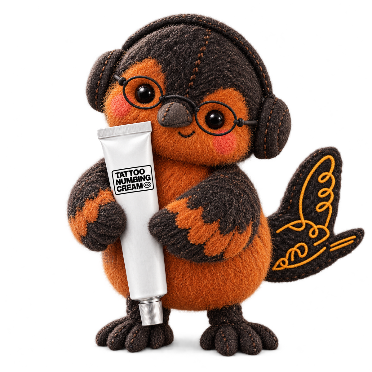 Petey the Pitohui holding Signature Tattoo Numbing Cream