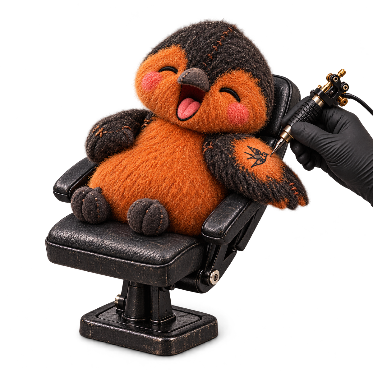 Petey the Pitohui yawning in a tattoo chair while getting tattooed
