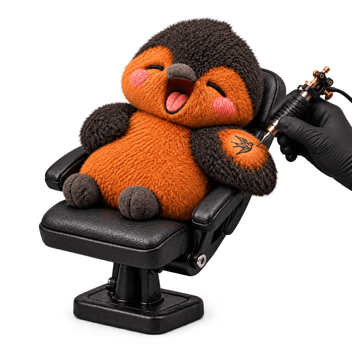 Petey the Pitohui yawning in a tattoo chair while getting tattooed