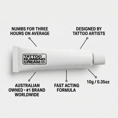Signature Tattoo Numbing Cream — features (numbs 3 hours, designed by tattoo artists, Australian owned, fast acting, 10g)