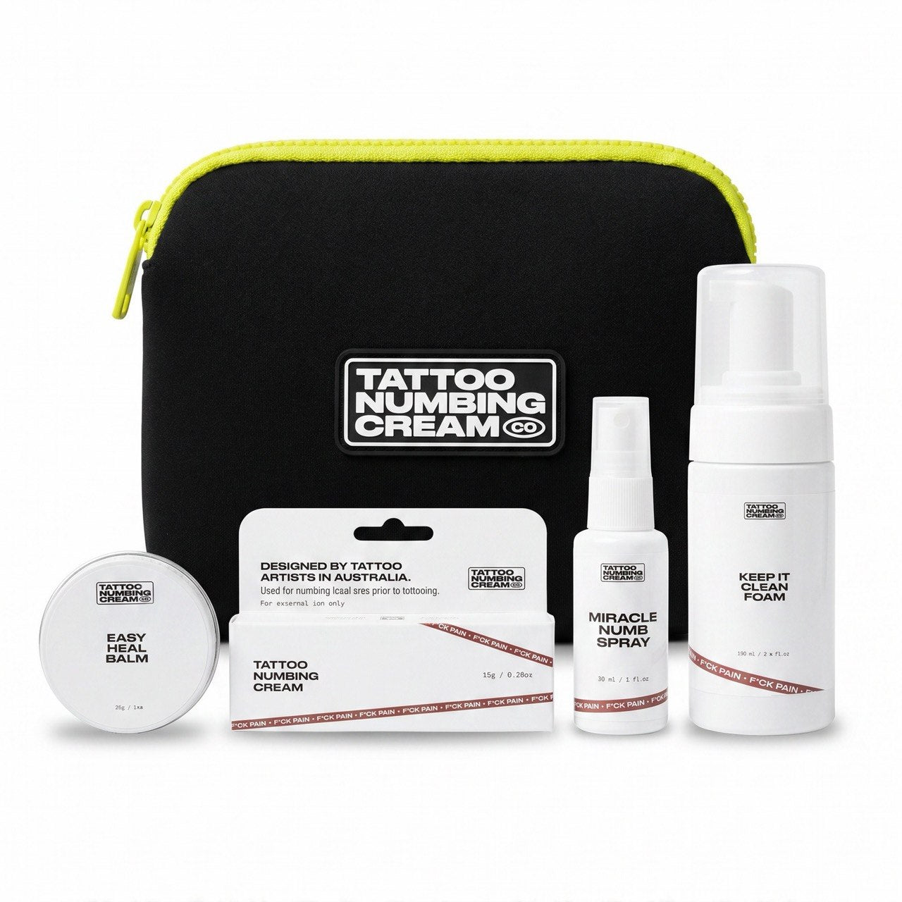 Ultimate Tattoo Bundle — full kit with bag, Easy Heal Balm, Tattoo Numbing Cream, Miracle Numb Spray and Keep It Clean Foam